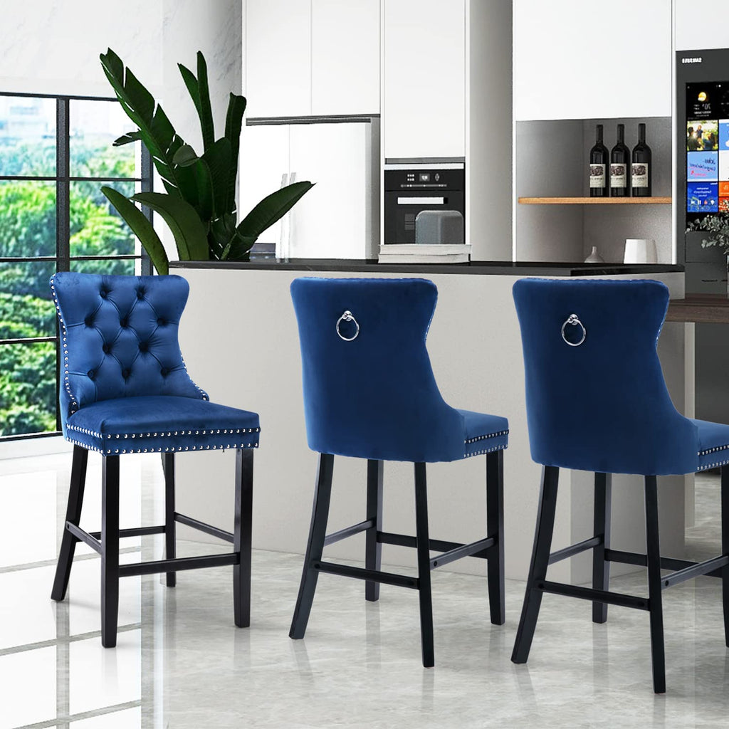 2x Blue Velvet Bar Stools with Studs Trim Wooden Legs Tufted Dining Chairs 