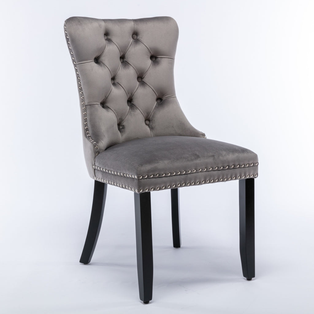 4x Velvet Dining Chairs Upholstered Tufted Kithcen Chair with Solid Wood Legs Stud Trim and Ring-Gray