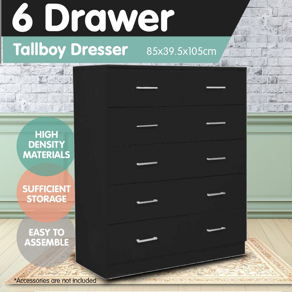 Sarantino Tallboy Dresser 6 Chest Of Drawers Table Cabinet Bedroom Storage Black