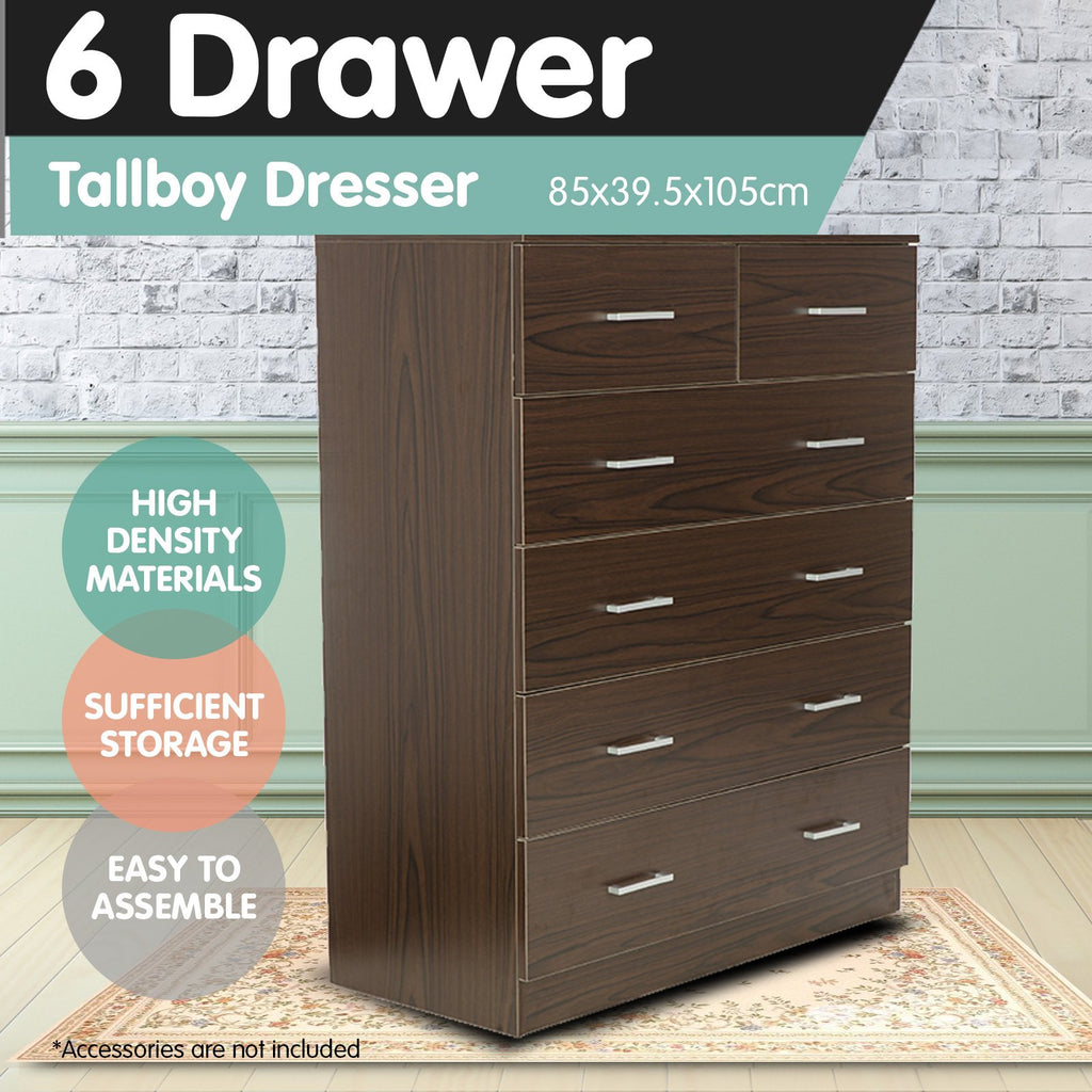 Sarantino Tallboy Dresser 6 Chest Of Drawers Cabinet Brown