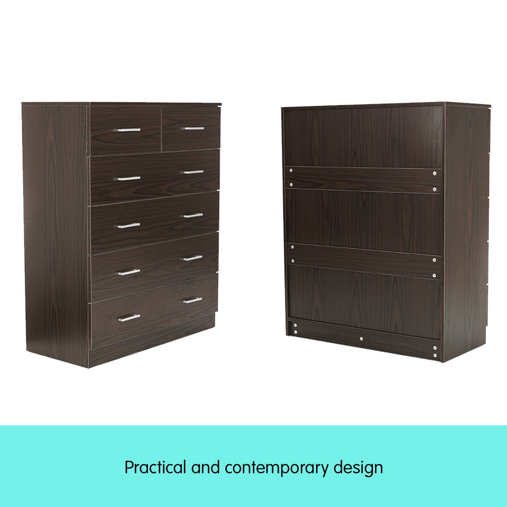 Sarantino Tallboy Dresser 6 Chest Of Drawers Cabinet Brown