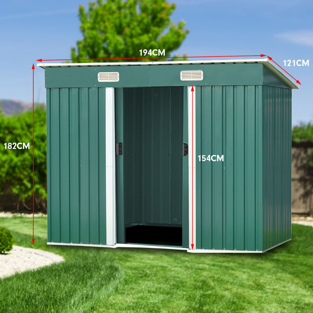 Wallaroo Green Garden Shed Flat Roof 4x6ft with Double Sliding Doors