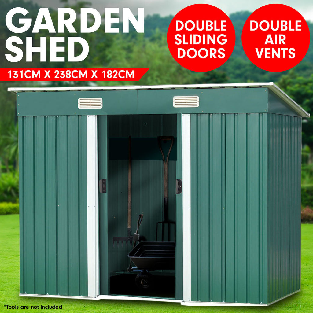 Wallaroo Green Garden Shed Flat Roof 4x8ft with Double Sliding Doors