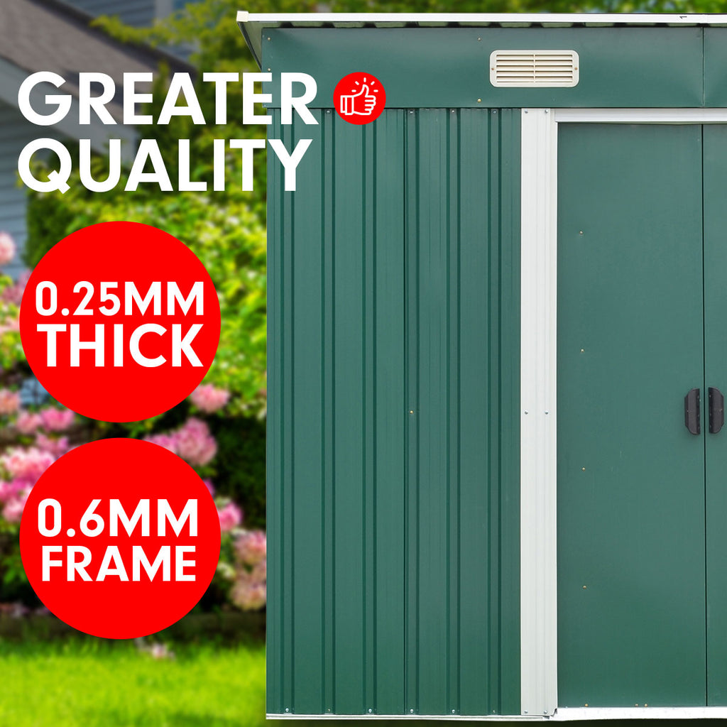 Wallaroo Green Garden Shed Flat Roof 4x8ft with Double Sliding Doors