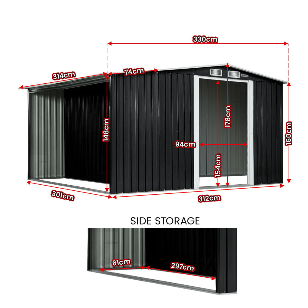 Wallaroo Black Garden Shed with Semi-Closed Storage 10x8ft with Double Sliding Doors