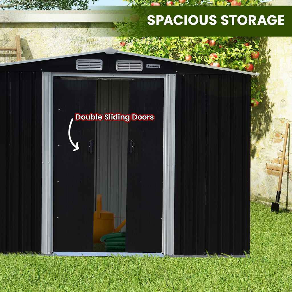 Wallaroo Black Garden Shed with Semi-Closed Storage 10x8ft with Double Sliding Doors