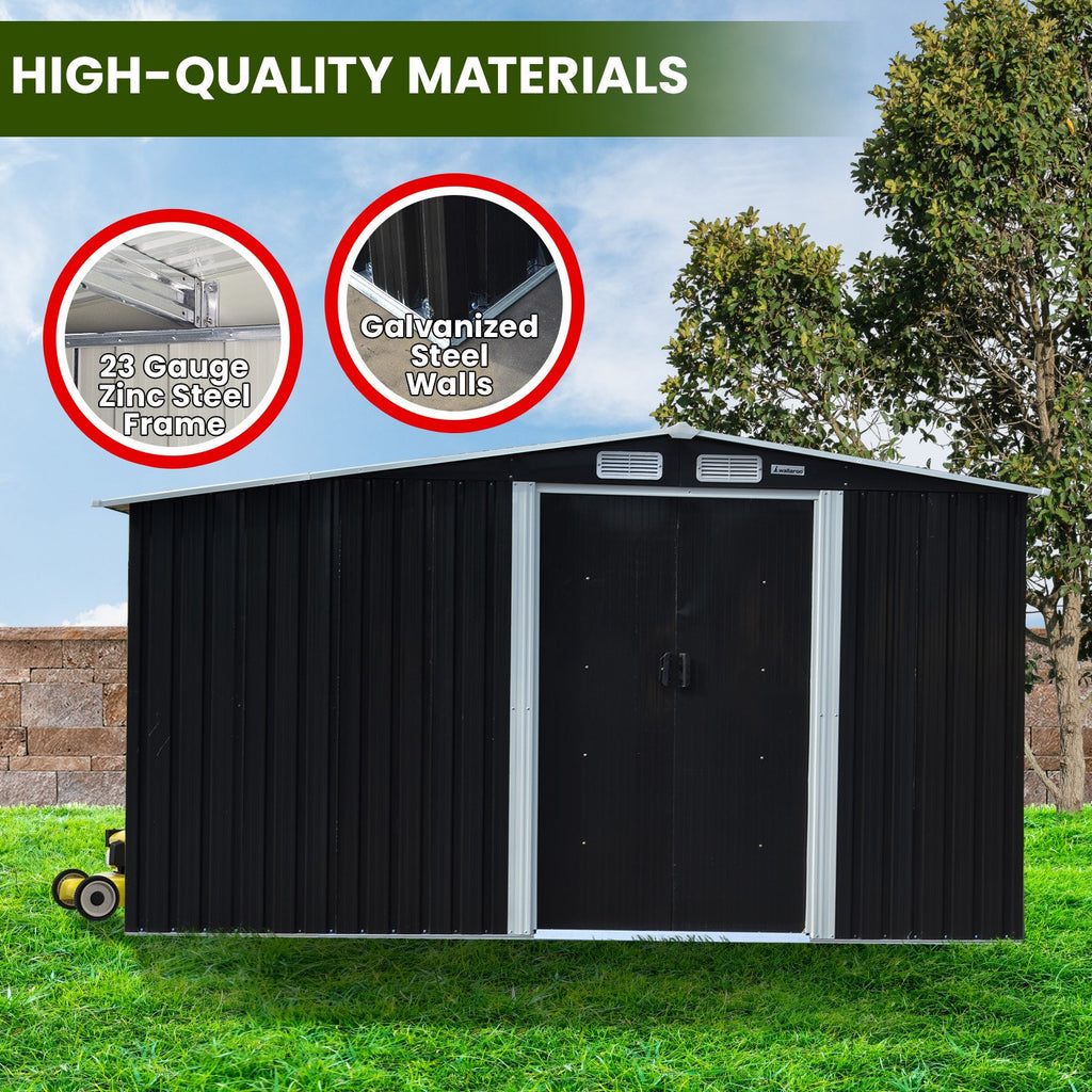 Wallaroo Black Garden Shed with Semi-Closed Storage 10x8ft with Double Sliding Doors