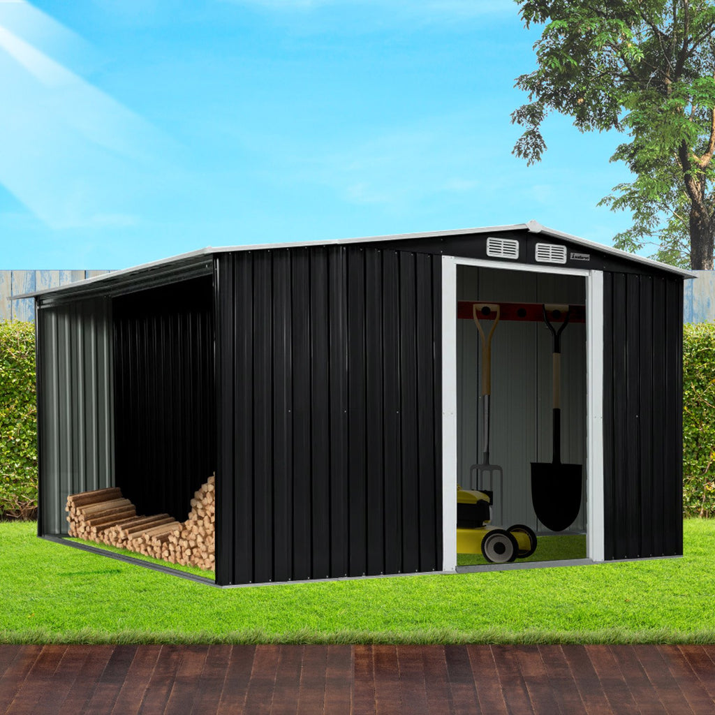 Wallaroo Black Garden Shed with Semi-Closed Storage 10x8ft with Double Sliding Doors