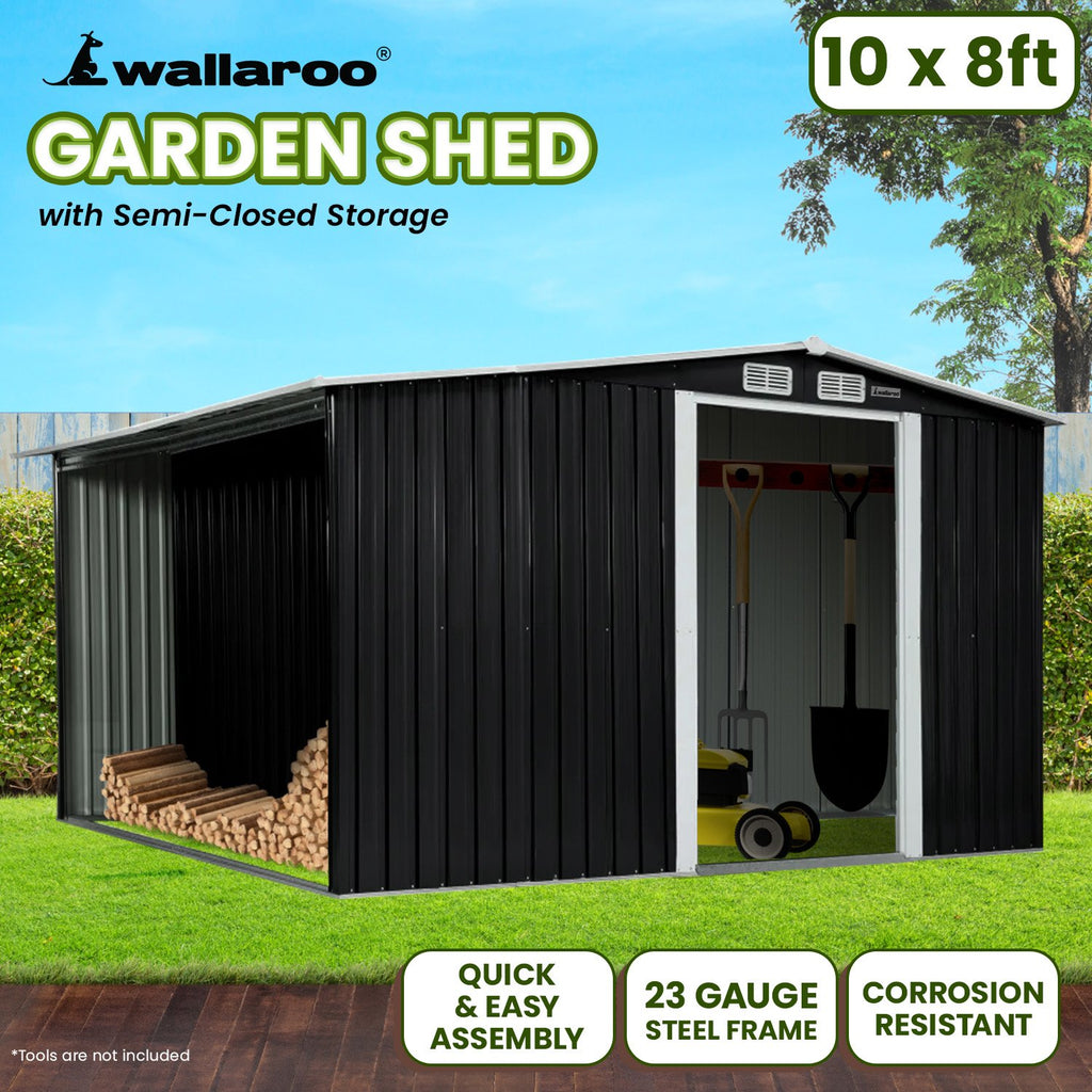 Wallaroo Black Garden Shed with Semi-Closed Storage 10x8ft with Double Sliding Doors