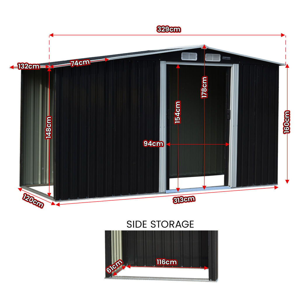 Wallaroo Black Garden Shed with Semi-Close Storage 4x8ft with Double Sliding Doors