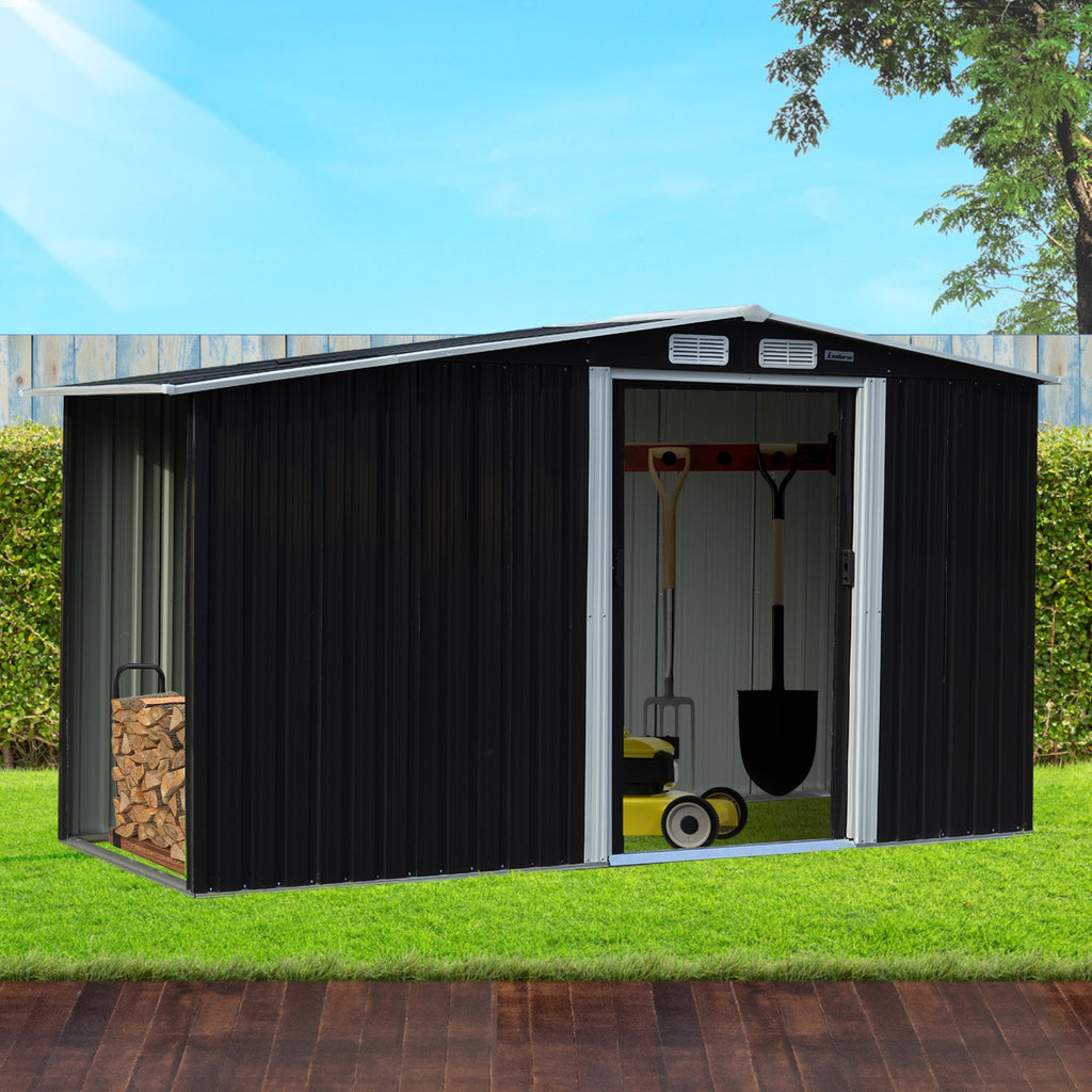 Wallaroo Black Garden Shed with Semi-Close Storage 4x8ft with Double Sliding Doors