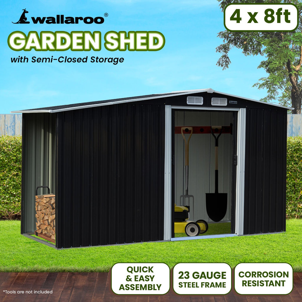 Wallaroo Black Garden Shed with Semi-Close Storage 4x8ft with Double Sliding Doors