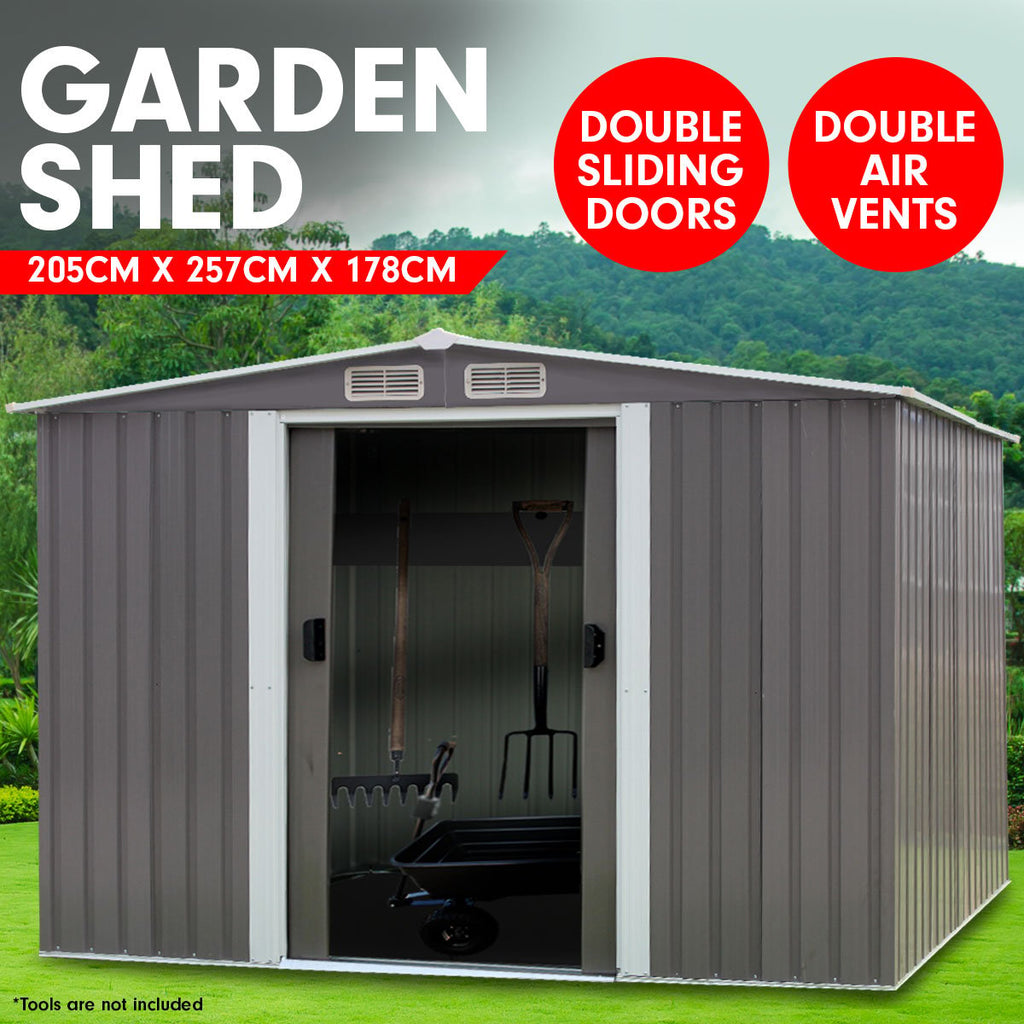 Wallaroo Grey Garden Shed Spire Roof 6x8ft with 2 Sliding Doors