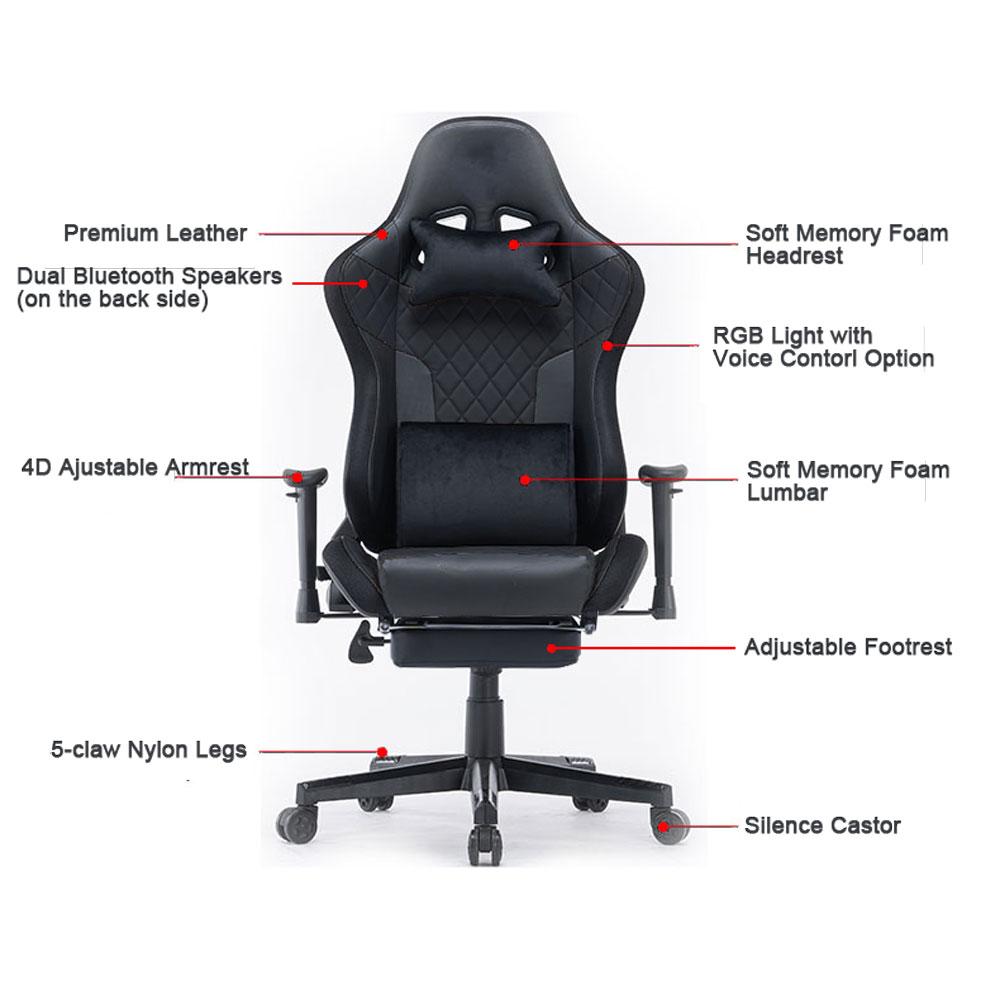 Ergonomic 7 RGB Lights Bluetooth Speaker Gaming Chair with 4D Armrest and Footrest 