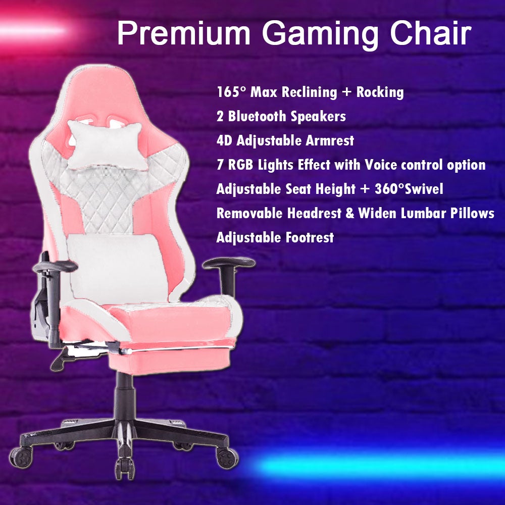 Ergonomic Pink 7 RGB Lights Bluetooth Speaker Gaming Chair with 4D Armrest and Footrest