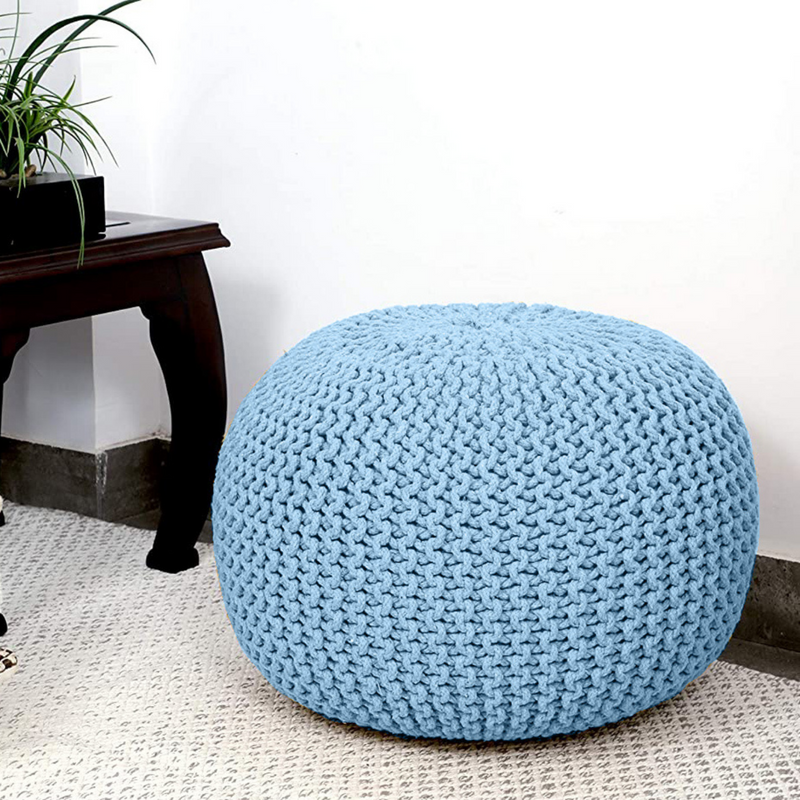 Braided Blue Ottoman Pouffe Footstool Hand Knitted 