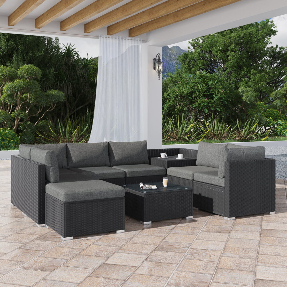 9pc Outdoor Black Modular Ottoman Lounge Sofa Furniture Set