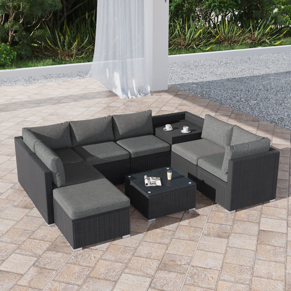 9pc Outdoor Black Modular Ottoman Lounge Sofa Furniture Set