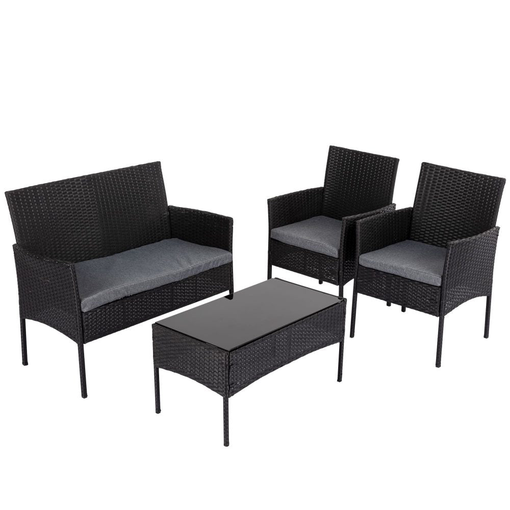 4 Seater Outdoor Black Wicker Lounge Sofa Furniture Set