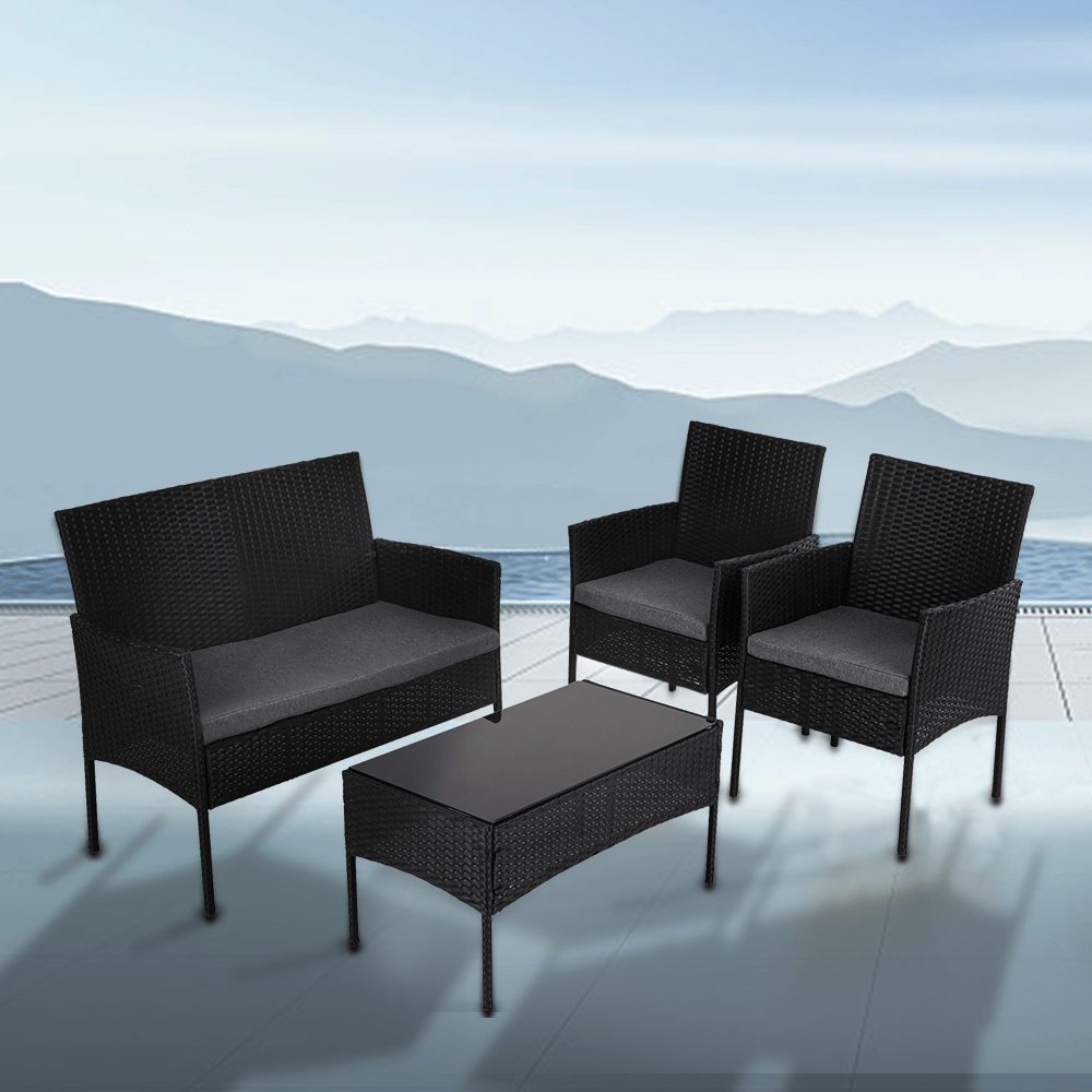 4 Seater Outdoor Black Wicker Lounge Sofa Furniture Set