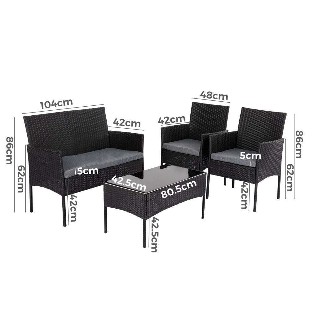 4 Seater Outdoor Black Wicker Lounge Sofa Furniture Set