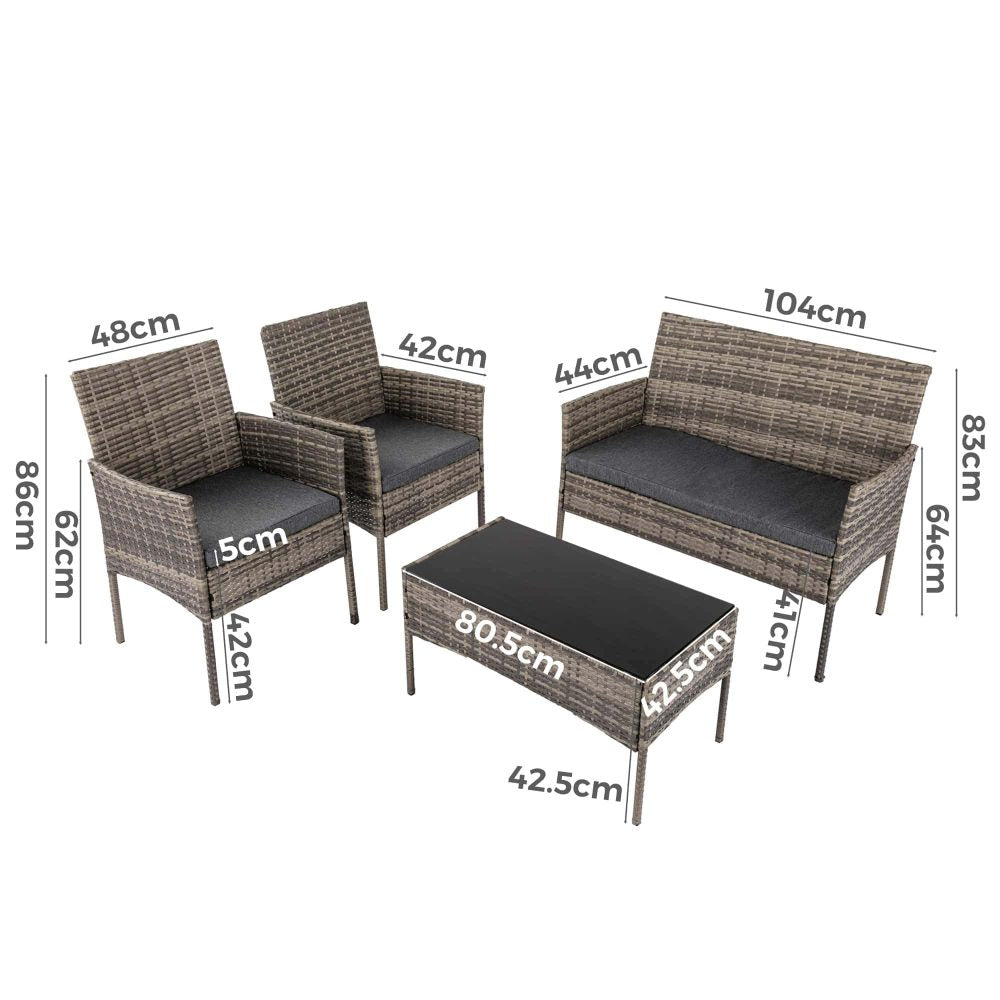 4 Seater Outdoor Grey Wicker Lounge Sofa Furniture Set