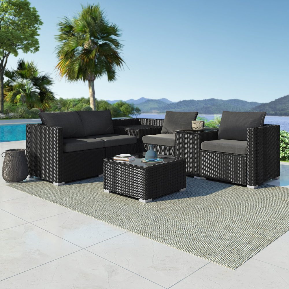 7pc Outdoor Black Wicker Lounge Sofa Furniture Set with Storage Corner