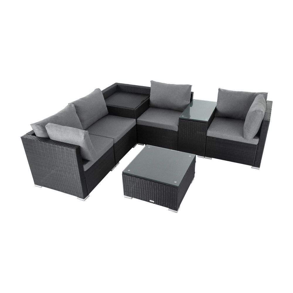 7pc Outdoor Black Wicker Lounge Sofa Furniture Set with Storage Corner