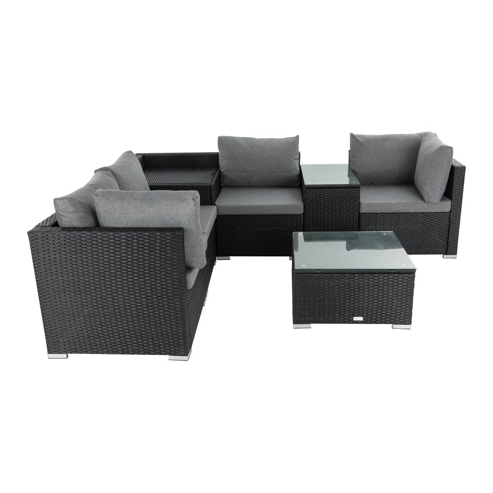 7pc Outdoor Black Wicker Lounge Sofa Furniture Set with Storage Corner