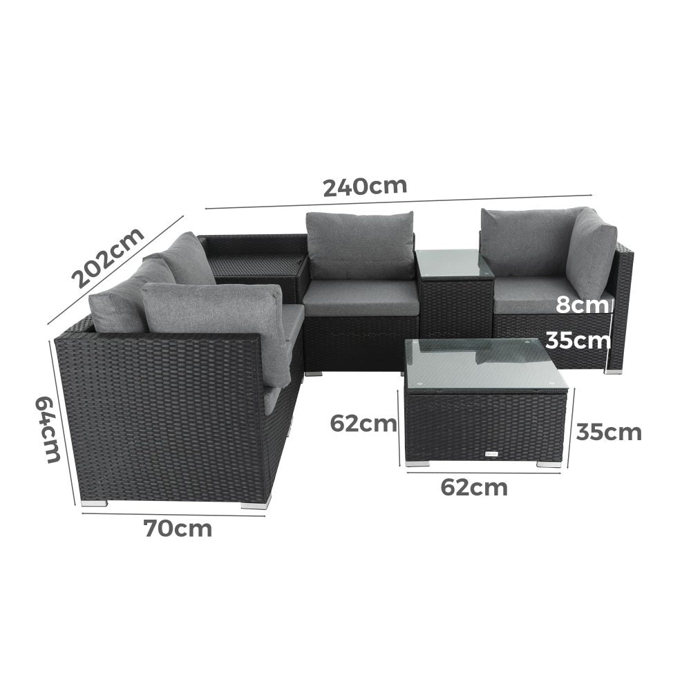 7pc Outdoor Black Wicker Lounge Sofa Furniture Set with Storage Corner