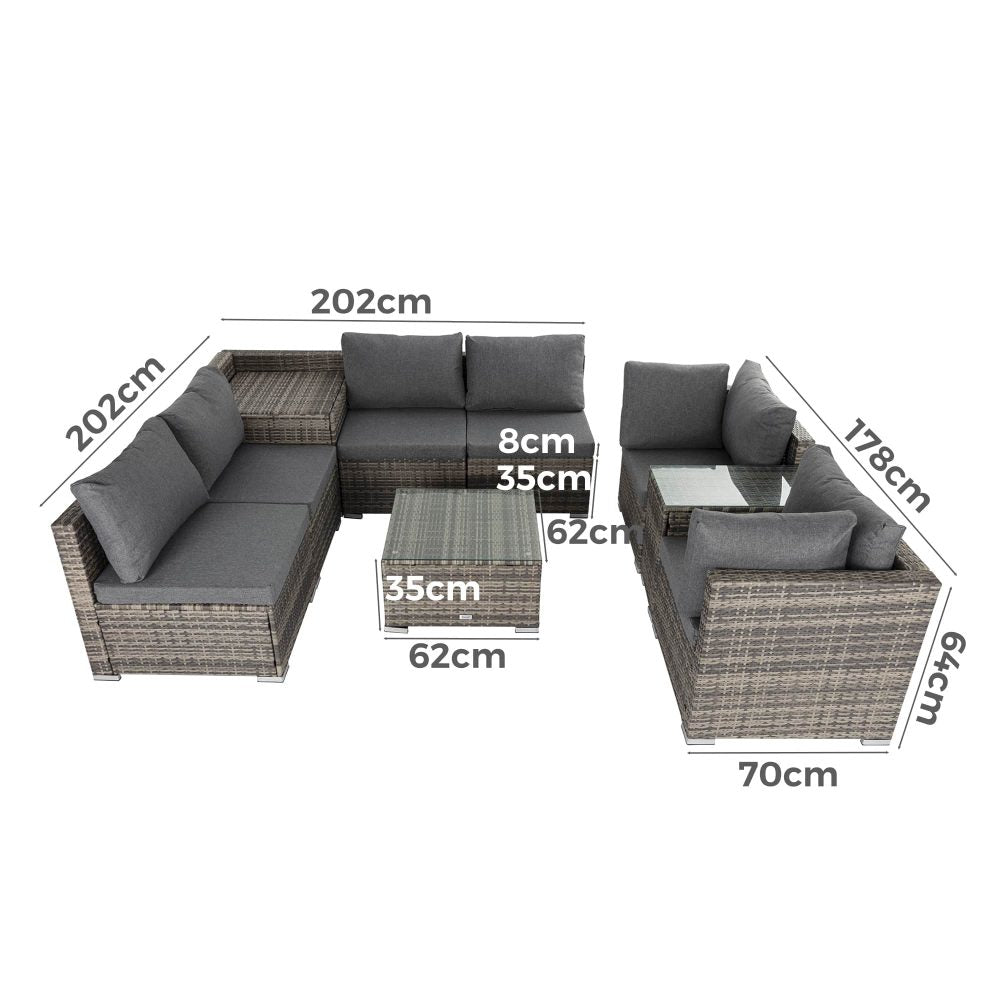 9pc Outdoor Grey Wicker Lounge Sofa Furniture Set