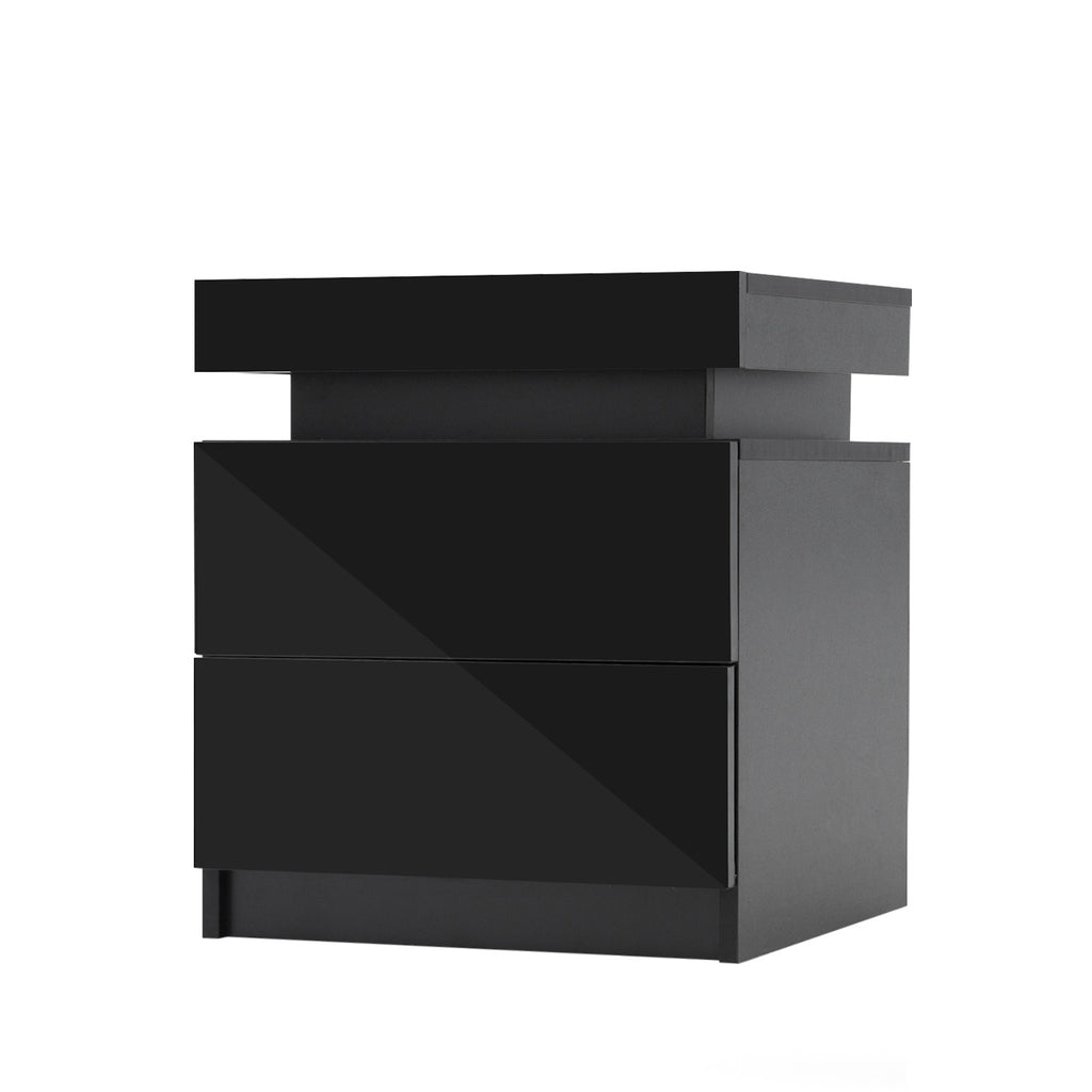 Bedside Table 2 Drawer RGB LED Bedroom Cabinet Nightstand Gloss Black