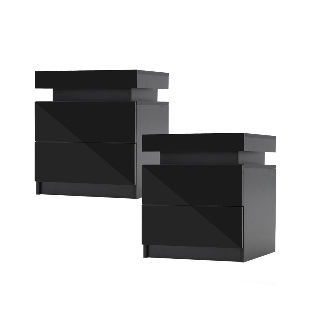 2x Bedside Table 2 Drawers RGB LED Bedroom Nightstand Gloss Black