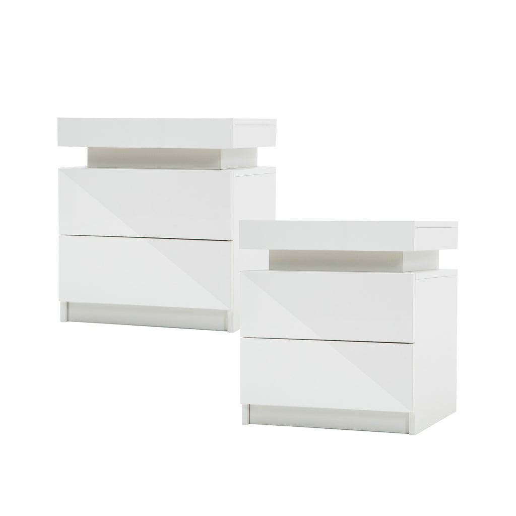 2x Bedside Table 2 Drawers RGB LED Bedroom Nightstand Gloss White