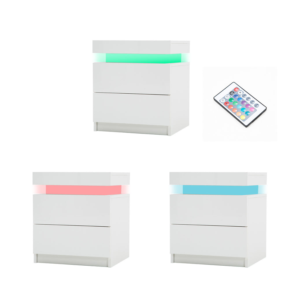 2x Bedside Table 2 Drawers RGB LED Bedroom Nightstand Gloss White