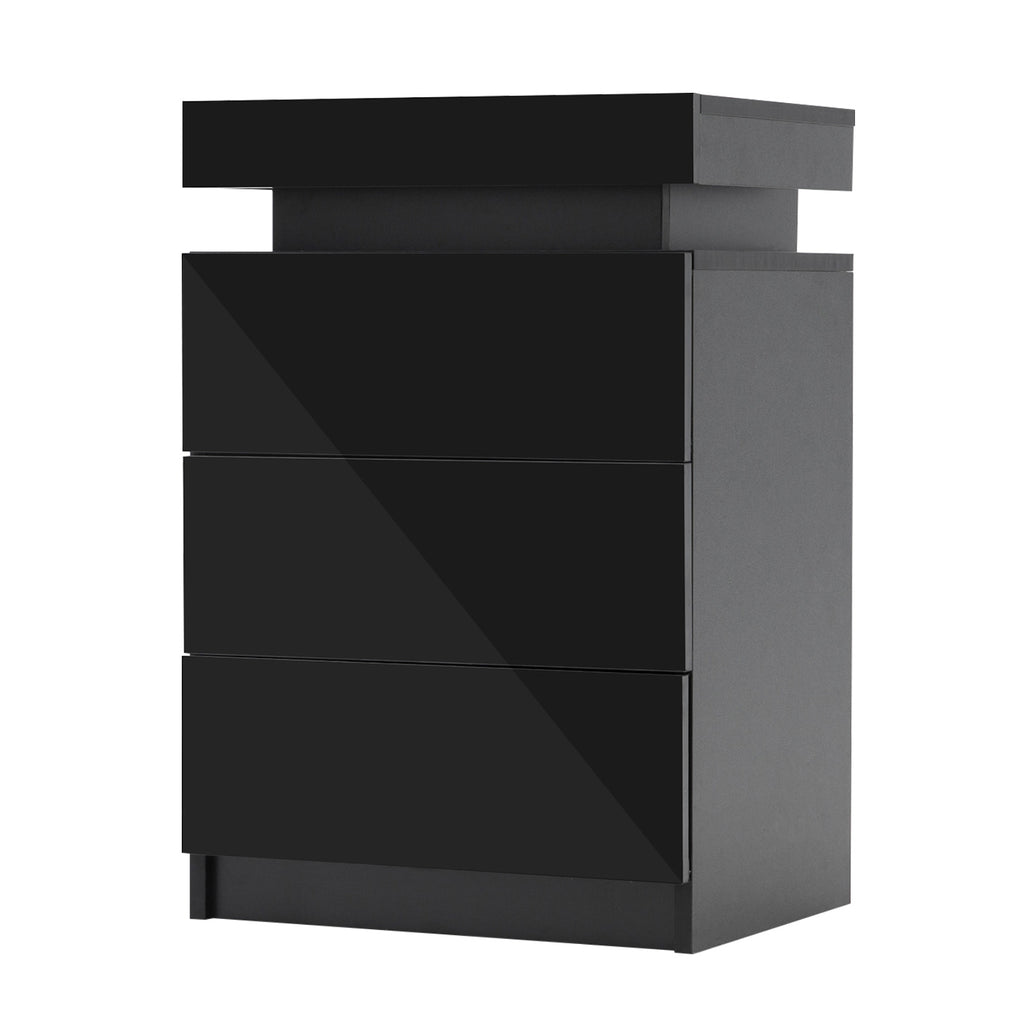 Bedside Table 3 Drawers RGB LED Bedroom Cabinet Nightstand Gloss Black