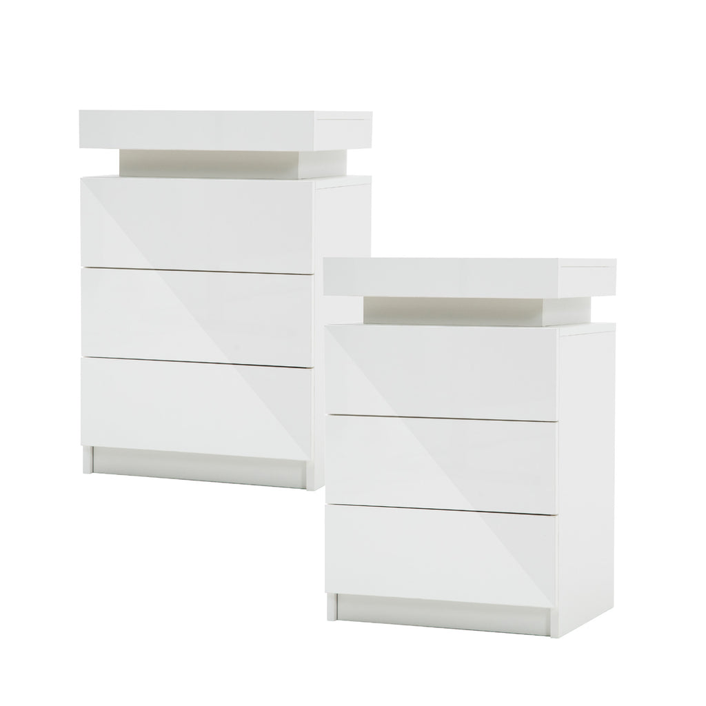 2x Bedside Table 3 Drawers RGB LED Bedroom Nightstand Gloss White