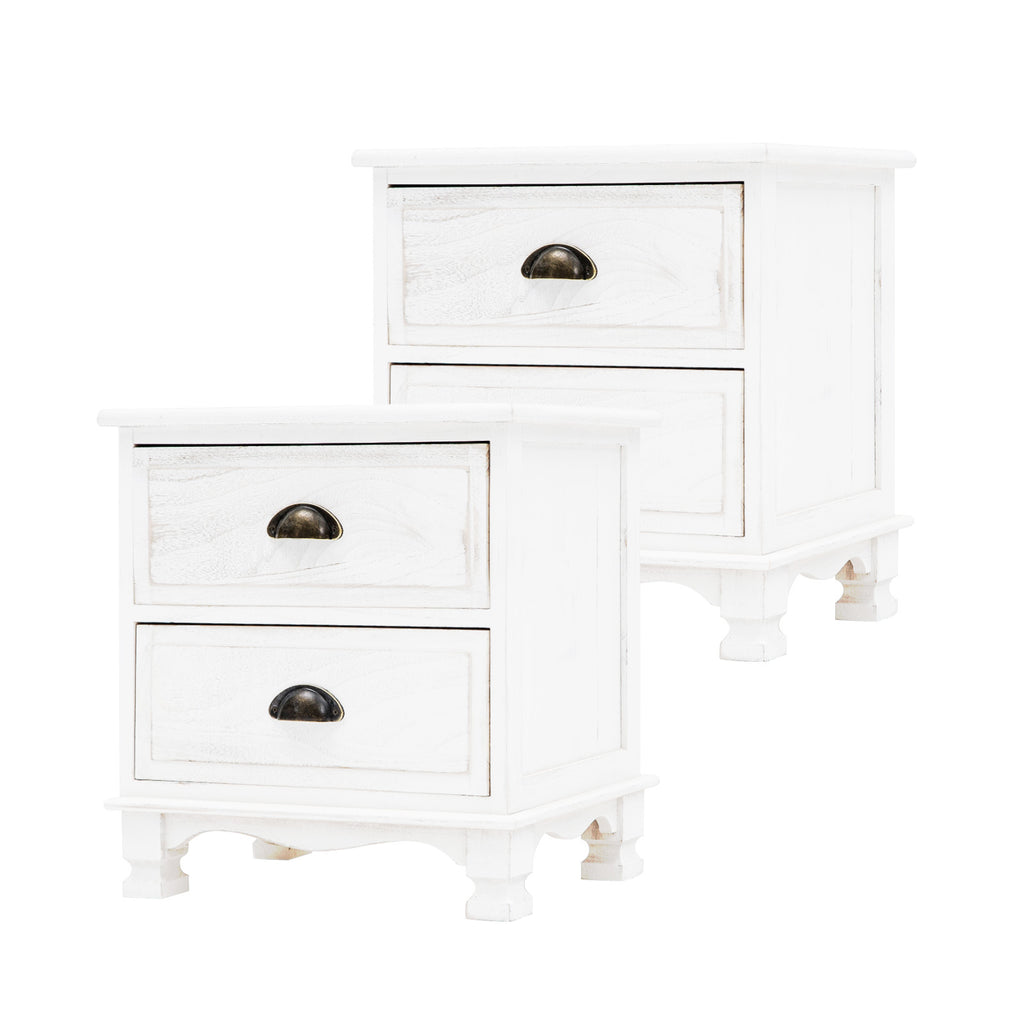 2x Bedside Table 2 Drawer Vintage Style White