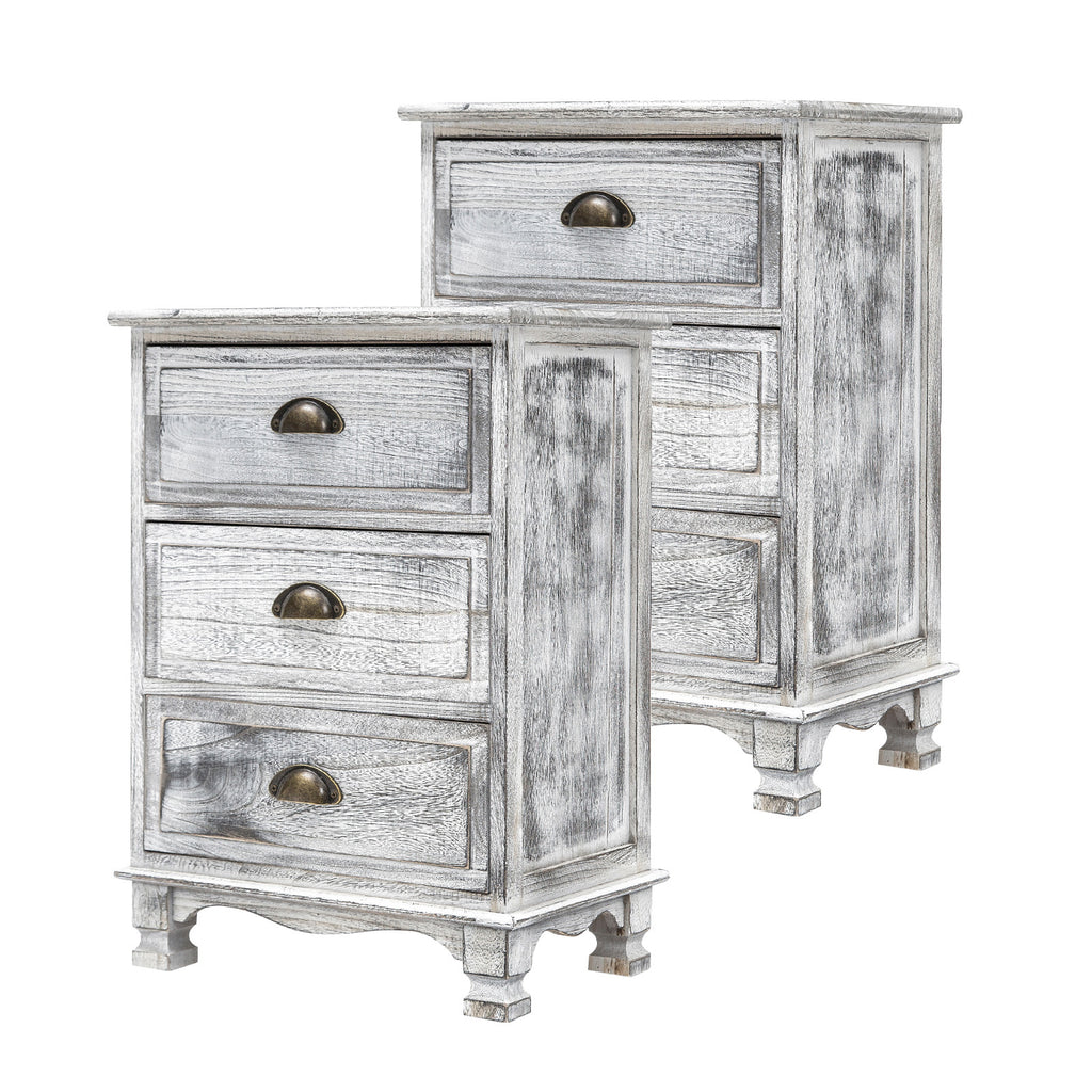 2x Bedside Table 3 Drawer Vintage Style Table Grey