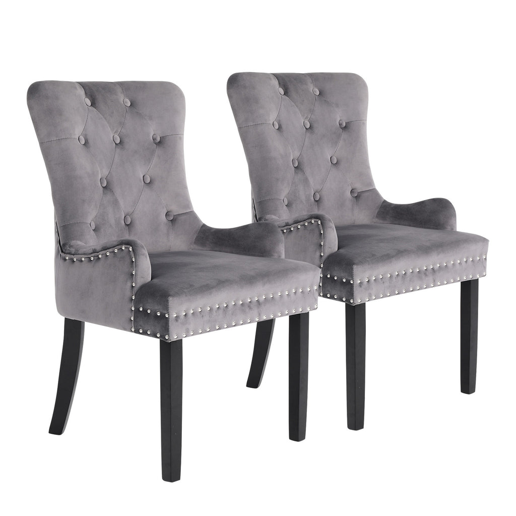2x French Provincial Dining Chair Ring Studded Velvet Rubberwood Leg LISSE GREY