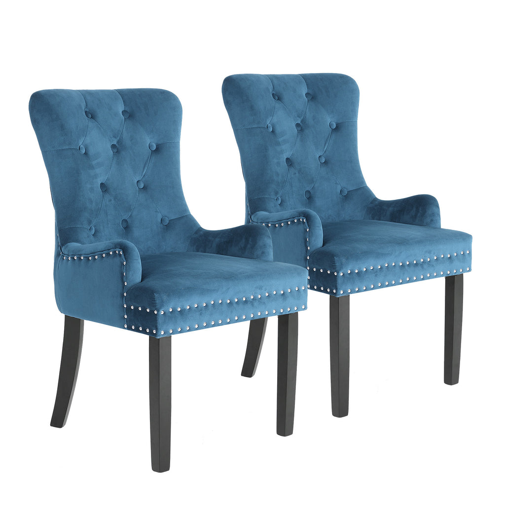 2x French Provincial Dining Chair Ring Studded Velvet Rubberwood Leg LISSE NAVY BLUE