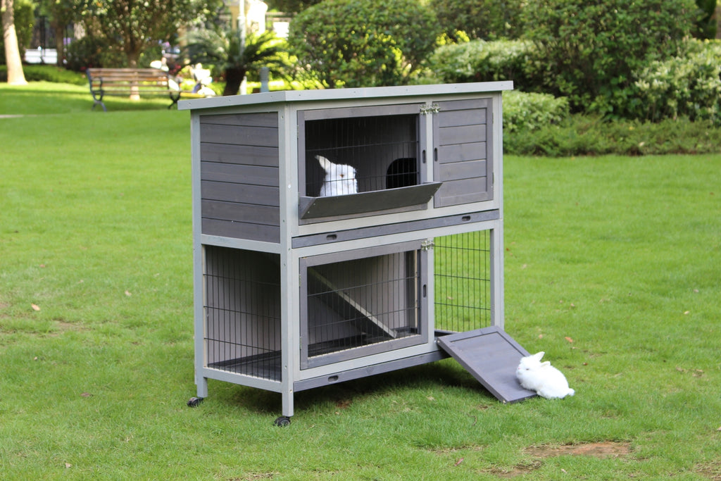 Double Storey 110cm Rabbit Hutch Guinea Pig Cage Chicken with Wheels & Pull Out Tray