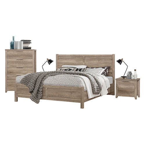 4 Pieces Bedroom Suite Natural Wood Like MDF Structure Queen Size Oak Bed Bedside Table & Tallboy