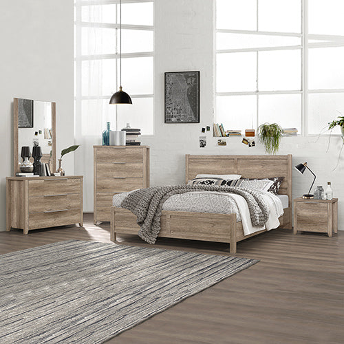 5 Pieces Bedroom Suite Natural Wood Like MDF Structure Queen Size Oak Bedside Table Tallboy & Dresser