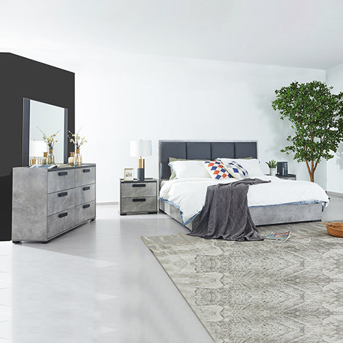 Queen 4 Pcs Bedroom Suite with Dresser Fabric Upholstery MDF Combination of Black & Cement 