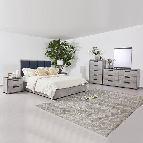 Queen 5 Pcs Bedroom Suite Fabric Upholstery MDF Black & Cement 