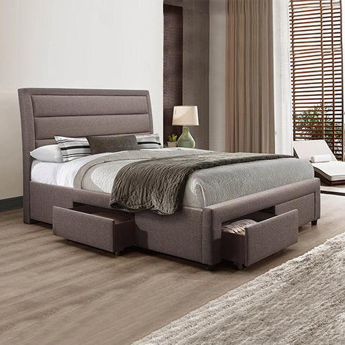 4 Pieces Bedroom Suite Upholstery Fabric in Light Grey with Base Drawers Queen Size Bed, Bedside Table & Tallboy