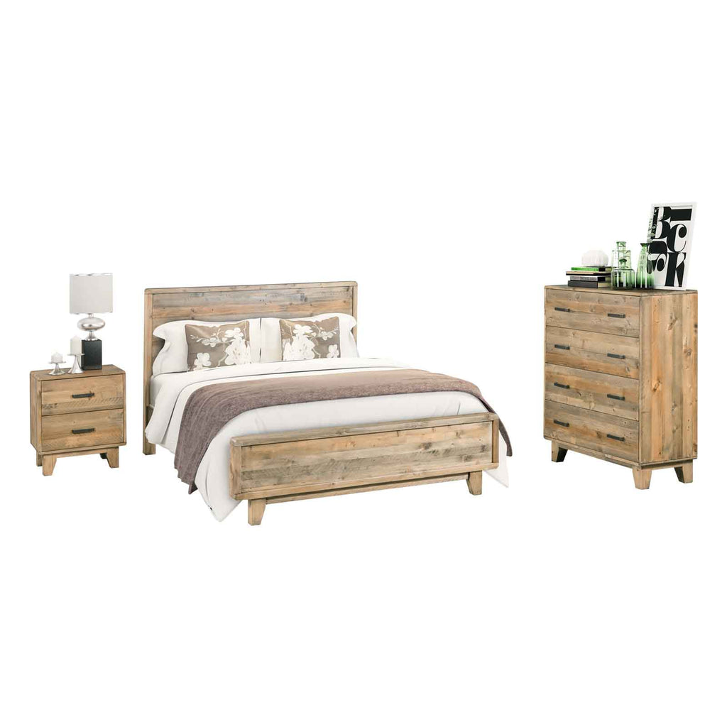 4 Pieces Bedroom Suite Queen Size in Solid Wood Antique Design Light Brown Bed, Bedside Table & Tallboy