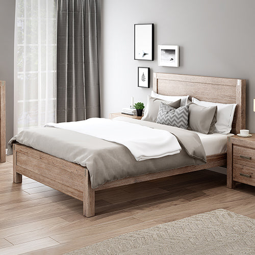 Bed Frame Queen Size in Solid Wood Veneered Acacia Bedroom Timber Slat in Oak