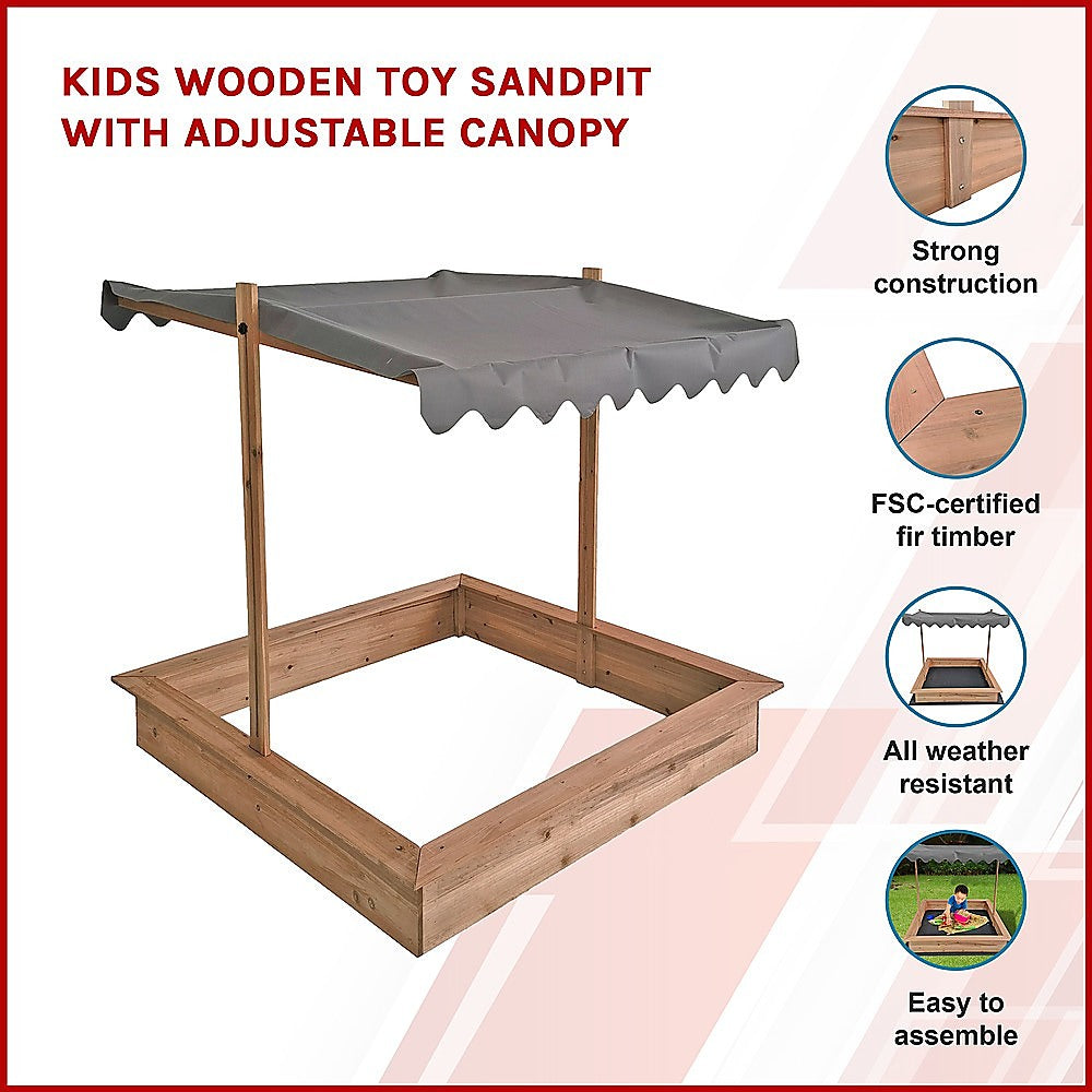 Kids Wooden Toy Sandpit with Adjustable Canopy